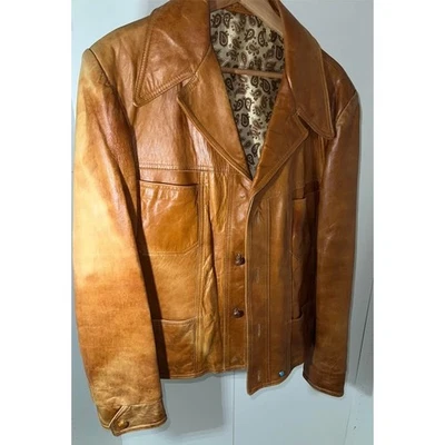 🧥 Vintage 1970s Tan Genuine Leather Jacket Men’s Size L  Retro Cowhide Paisley - Image 1 of 4