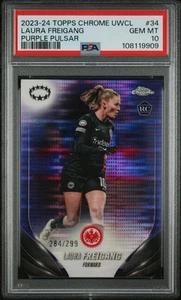 2023-24 TOPPS CHROME UEFA #34 - LAURA FREIGANG - PURPLE PULSAR #’d/ 299 - PSA 10 - Picture 1 of 3