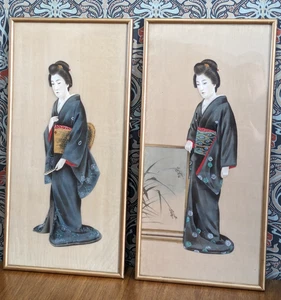 Paar antike japanische Meiji Ukiyo-e Geisha Gouache Aquarell Seidengemälde - Bild 1 von 11