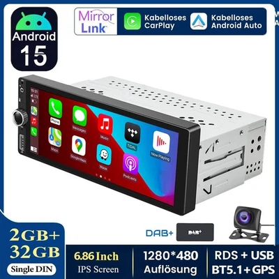 Android15 Apple Carplay 1DIN Autoradio Mit Bluetooth WIFI GPS NAVI RDS USB DAB+ - Bild 1 von 4