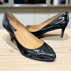 Ann Taylor Perfect Pump Almond Toe Black Patent Leather Timeless Heels Size 9M - Picture 1 of 10