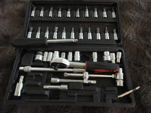 46-Piece Socket and Ratchet Wrench Set, 1/4” Metric Tools, Extension Bar, Auto - Picture 1 of 4
