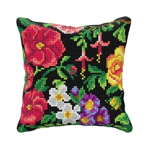 Orchidea Cross Stitch Kit Quickpoint Cushion Flowers on Black Background - Picture 1 of 1