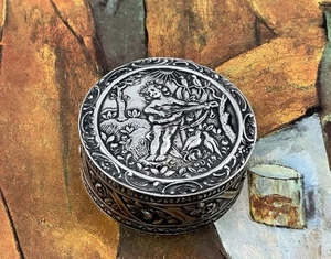 Antique Sterling Silver European Snuff Box Putti Playing Mandolin Repousse Round - Picture 1 of 7