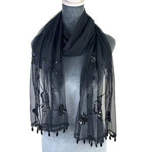 Scialle semi trasparente vintage anni 90 Y2K Whimsigoth con estremità nappa perline - 68x18" - Foto 1 di 5