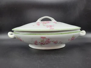 VICTORIA AUSTRIA Oval Covered Vegetable Serving Dish GREEN LAUREL BAND & DAISIES - Picture 1 of 12