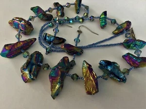 Aurora Borealis Finish Natural Hematite and Crystal Necklace Earring Set - Picture 1 of 8