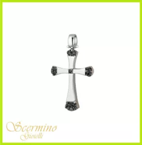 PENDENTE CROCE DA UOMO IN ORO BICOLORE 18K CON DIAMANTI NATURALI 0.10 CARATI - Picture 1 of 4