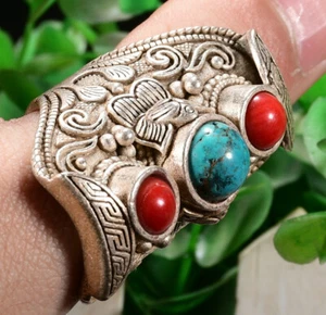 4.5CM China Silver inlay Green Gem Fengshui Exorcism ring Fingerstall Jewelry - Picture 1 of 6