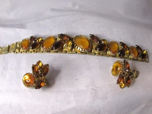 Vintage Cognac & Amber Gold Colored Stones 7" Bracelet & Clip Earrings - Picture 1 of 4