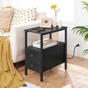 HOOBRO End Table w/Charging Station Side Table Nightstand with 2 Drawer Black - Picture 1 of 9