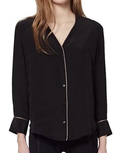 Sandro Paris Silk Button Blouse V- Neck Long Sleeve Piping Trim Size 3 Large - Picture 1 of 11