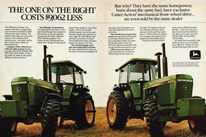 Anuncio impreso John Deere Tractores 4450 1984 2 pg Rueda Action Tracción delantera De colección - Imagen 1 de 3