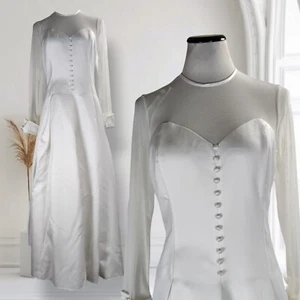 Vintage 90s Cache Mesh Yoke Formal Wedding Dress Size 12 Box Pleats French Cuffs - Picture 1 of 24