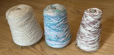 Cone Spool Yarn Weaving Knitting Crafts 3 Spools Beige, Brown, Pink & Blue - Image 1 of 4