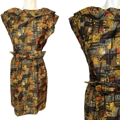 Vtg 60s Brown Orange Abstract Sheath Dress Bow Belted Secretary Womens Size S - Image 1 of 4