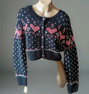 Vintage 1990s Y2K Betsey Johnson Heart Intarsia Knit Cardigan Sz Large - Picture 1 of 7