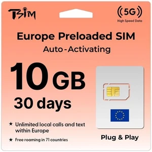 SIM TSIM Europe - 30 giorni 10GB dati + chiamate/testi illimitati | 70+ paesi - Foto 1 di 5