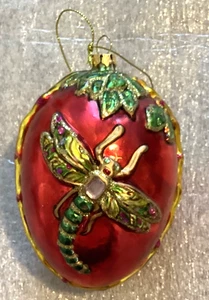Mundgeblasenes verziertes rotes Libellenei Weihnachtsschmuck 4,25" hoch, 3,25" breit - Bild 1 von 10