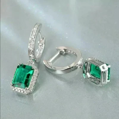 4Ct Lab Created Emerald Halo Drop & Dangle Earrings 14K White Gold Plated - Image 1 of 3