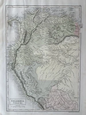 1851 Colombia Venezuela Ecuador Peru Hand Coloured Antique Map by Selina Hall - Image 1 of 3