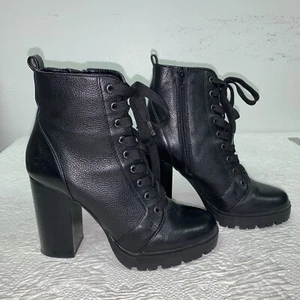 Steve Madden Laurie Ankle Boots Black Leather Round Toe Lace Up Block Heel Sz 8M - Picture 1 of 6