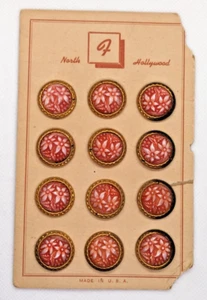 12 Vintage rosa weiße Blumen Knöpfe 20 mm Original Karte 5 1/2" x 3 1/2" - Bild 1 von 8