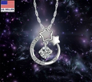 Women 925 Sterling Silver Crystal Necklace 3D Hollow Star Circle Pendant 0190 - Picture 1 of 6