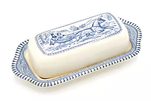 Vintage Currier Ives blau weiß Butter Geschirr Schlitten Pferd Winter Weihnachten Essen - Bild 1 von 5