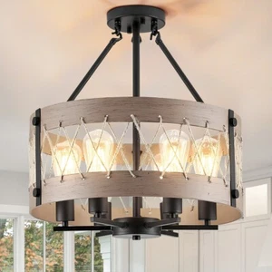 Rustic Wood Chandelier Hemp Rope Decor Pendant Lamp 6-Light Ceiling Fixtures - Picture 1 of 11