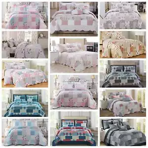 Patchwork 3 Piece Quilted Printed Bedspread Comforter bed Throw and Pillow Sham - Picture 1 of 55