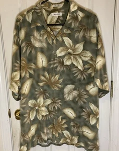 Pierre Cardin Mens XL Green Hawaiian Shirt Leaves Rayon Short Sleeve Tropical - Picture 1 of 5