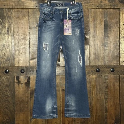 TRUCE Womens Jeans Size 11 Flare Distressed Denim Plaid Patch Pockets Blue - Image 1 of 4