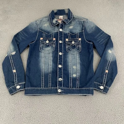 Jaqueta jeans masculina vintage True Religion Joey Super T lavagem escura GG feita nos EUA - Imagem 1 de 4