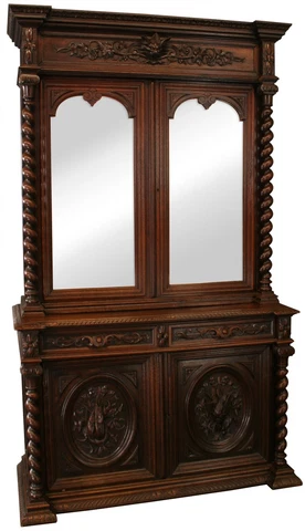 1890 Antique Buffet Hunting Renaissance Carved Oak Mirrored Doors Cover