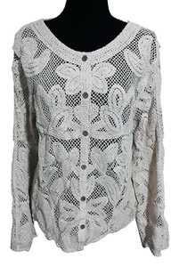 Womens Crochet Woven Cardigan XL Cottage Whimsical Cream Floral Grandma Doilie - Picture 1 of 5