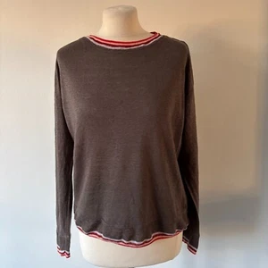 Bellerose Brown Very Fine Knit Pure Linen Top Jumper Striped Trim Size 2 UK 14 - Picture 1 of 13