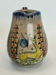 Vintage Tonala Mexican Pottery Jug Pitcher Deer & Butterfly Hand Painted - Picture 1 of 3