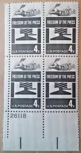 U.S. FREEDOM OF THE PRESS 4c / 4 Cent Stamp Plate #26118 Block of 4 Env#1 MNH VF - Picture 1 of 2