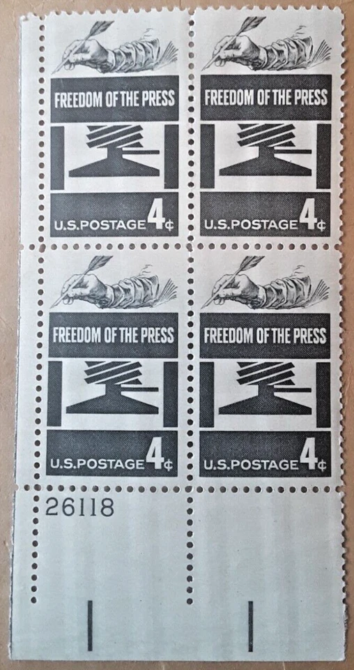U.S. FREEDOM OF THE PRESS 4c / 4 Cent Stamp Plate #26118 Block of 4 Env#1 MNH VF - Image 1 of 2