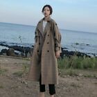 Korean Style Ladies Trench Coat Plaid Long Double Breasted Belted Loose Overcoat