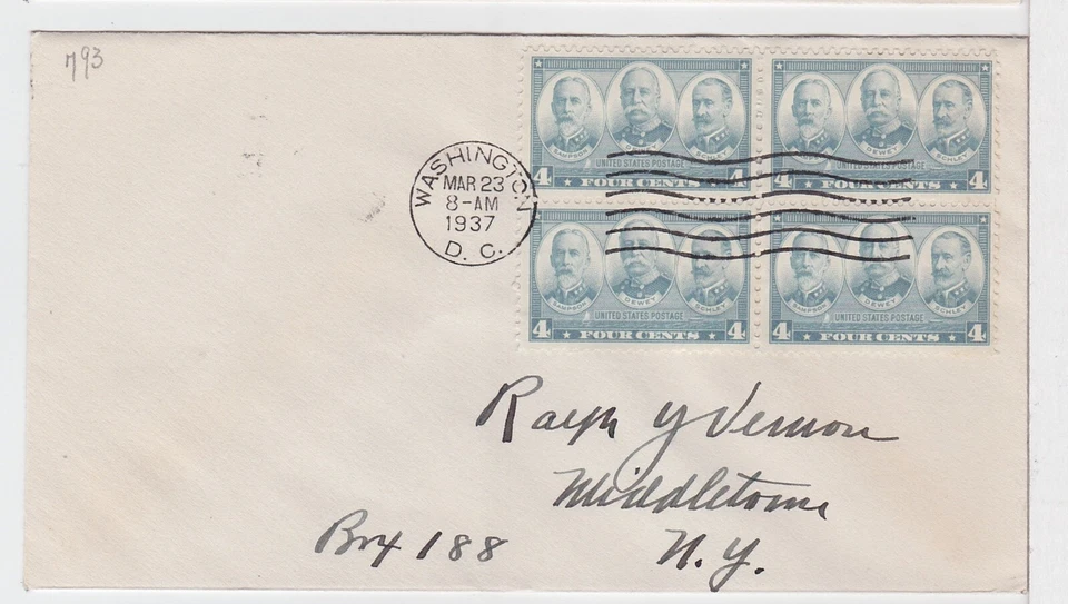 TurtlesTradingPost - Army Navy - 4 Cent Navy  #793 1937 FDC  No Cachet Block 4 - Image 1 of 1
