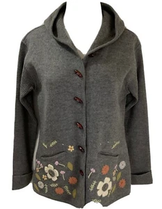 Rene Derhy Sweater Jacket M Boiled Wool Hooded Embroidered Boho Cardigan Grey - Picture 1 of 11