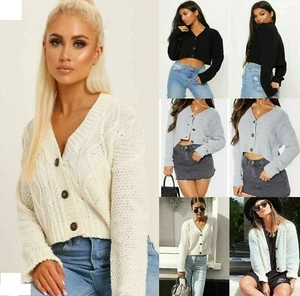 NEW Women's Chunky Cable Knitted Cardigan 3 Button Long Sleeves Crop Top Short - Picture 1 of 23