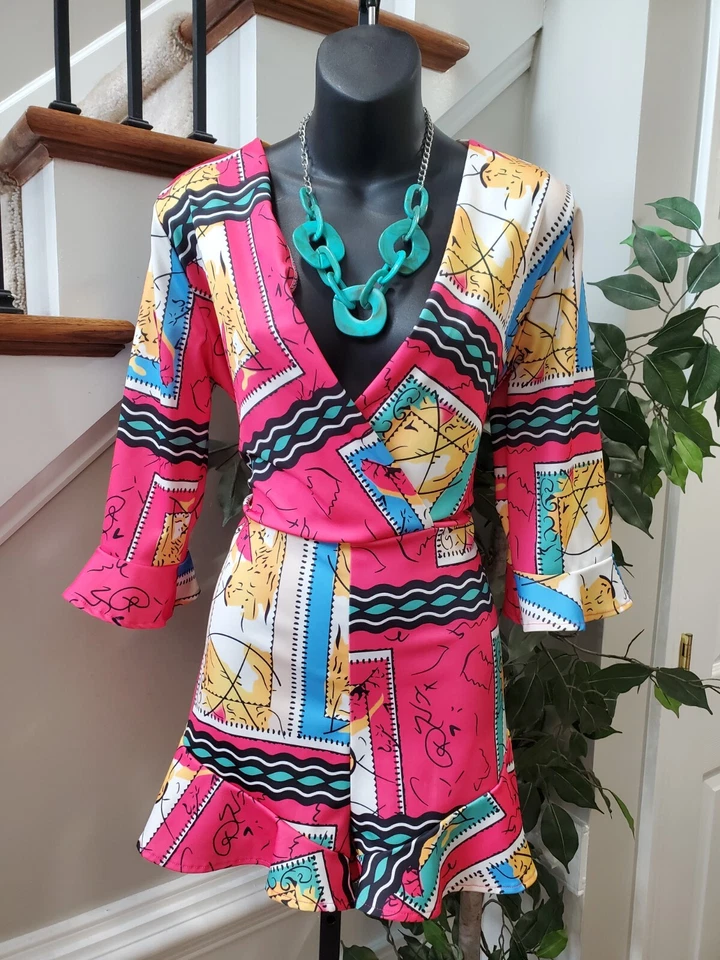 Women's Multicolor Polyester V-Neck Flare Sleeve Belt Bodycon Short Romper Small - Изображение 1 из 4