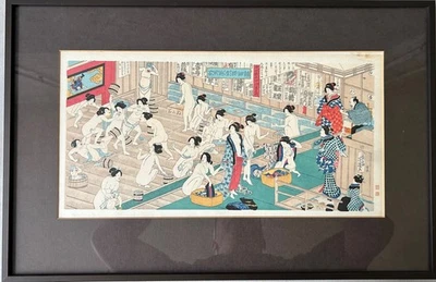 Farbholzschnitt Yoshiku Utagawa Japan öffentliches Frauen Bad mit Akten - Bild 1 von 4