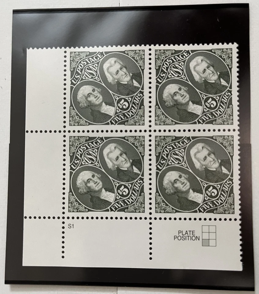 US Stamp Scott #2592 $5 Washington & Jackson Block Of 4 w/PB# S1 & Graphic - Image 1 of 1