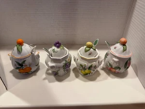 4er Set Vintage 1991 Lenox Orange, Trauben, Zitrone, Pfirsich Marmelade Gelee Gläser mit Deckel & Löffel - Bild 1 von 5