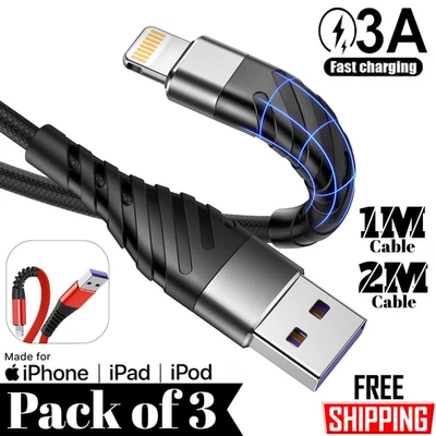 Heavy Duty Braided Long USB Fast Charger Cable Lead For iPhone 14 13 12 11 X 7 8 - Image 1 of 4