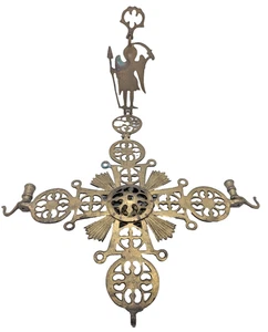 Large Brass Byzantine Orthodox Style Wall Cross Candle Holder 23.5” St Michael - Picture 1 of 6